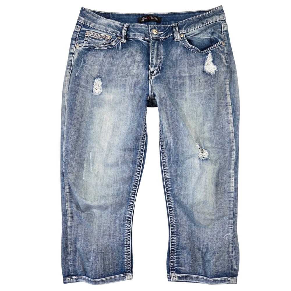 Love Indigo Women Distressed Capri Jeans Blue Embroidered Western Y2k Cowgirl 10